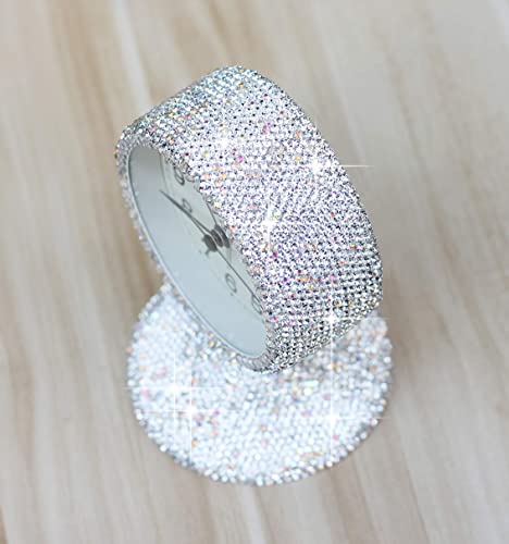 Luxury Rhinestone Small Alarm Desk Table Clock Morning Call Handmade Fashion Design for Bedroom Houseroom Living Room Cute As Gift AR (Silver) - color: Silver