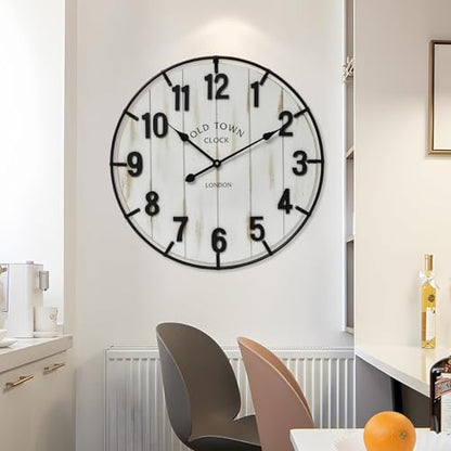 Large Old Town Farmhouse Wall Clock – 24 Inches Rustic Antique Wood with Metal Circle and Large Numerals, Silent Battery Operated Clock for Office, Kitchen, Bedroom, Living Room (Washed White) - color: White, size: 24 Inch