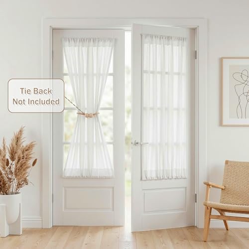 MYSKY HOME White French Door Curtains for Door Window 40 Inch Length 2 Panels Semi Sheer Light Filtering Curtain for Glass Small Window Drapes Rod Pocket for Bedroom Bathroom, Pure White, 26" Wide - color: Pure White, size: 26"W x 40"L (Pack of 2)