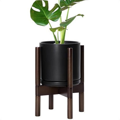 D'vine Dev Ceramic Pot with Walnut Wood Stand, Black, 8 in, 55-B-Y-2 - color: Black Pot + Walnut Color Stand, size: 8 Inch