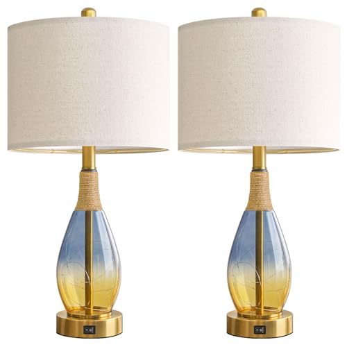 OYEARS 23" Table Lamps for Living Room Set of 2,Bedside Lamps for Night Stands, Rattan Lamps for Bedroom,Farmhouse Lamps with Glass Nightlight,Two Light Points - color: Yellow Blue