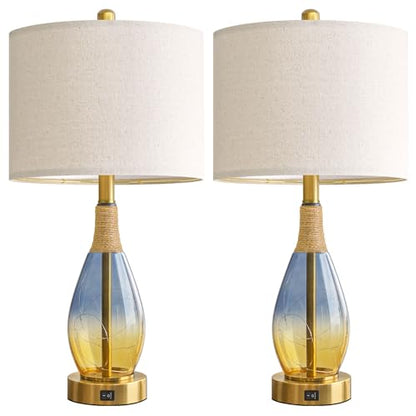 OYEARS 23" Table Lamps for Living Room Set of 2,Bedside Lamps for Night Stands, Rattan Lamps for Bedroom,Farmhouse Lamps with Glass Nightlight,Two Light Points - color: Yellow Blue