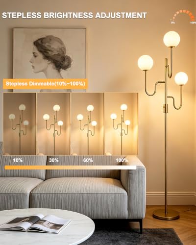 Lightdot 68IN Globe Gold Floor Lamp Dimmable Floor Lamps with 3000K Soft Warm White for Wedding/Party, 3-Arm Mid Century Modern Standing Tall Lamp for Living Room/Bedroom/Sofa Beside/Corner Decor - color: 3 Globe-Gold Arm