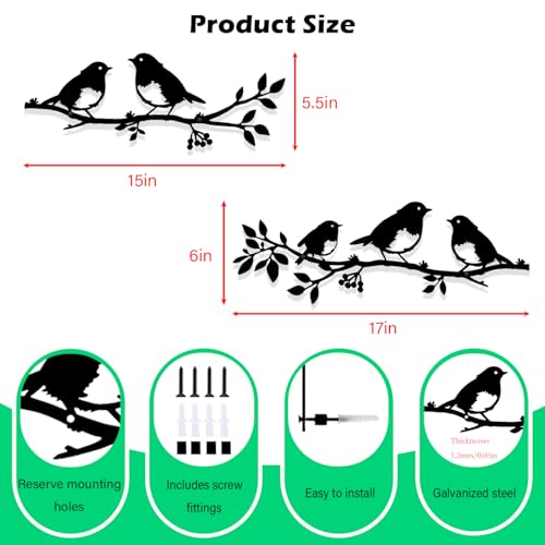 Harikikochuu 2pcs Metal Birds Wall Art Birds on Branch Silhouette Art Rustic Robin Garden Decor Metal Leaf Wall Sculpture for Outdoor Porch Balcony Housewarming Gift Mother's Day Present. - color: Black