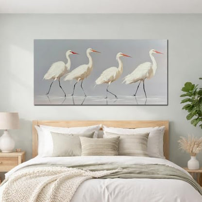 SSNEEKNDG White Heron Wall Art Bird Painting Animal Texture Artwork 24"x48" - size: 24"L x 48"W