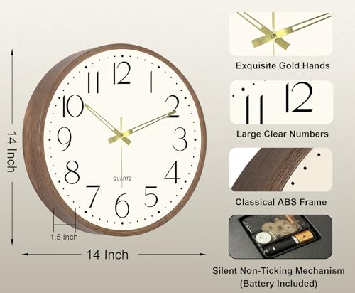 14 Inch Wall Clock, Silent Analog Clock Battery Operated - color: Brown Wood Grain, size: 14In