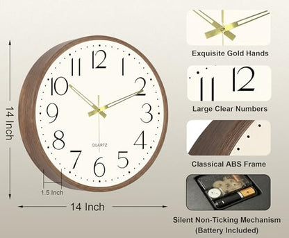 14 Inch Wall Clock, Silent Analog Clock Battery Operated - color: Brown Wood Grain, size: 14In