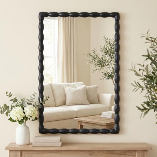 36"x24" Rectangular Solid Wood Farmhouse Decorative Wall Mirror - color: Beaded-black