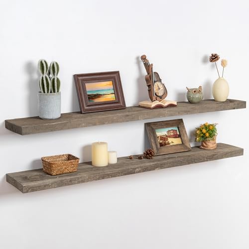 FLYJOE 48 Inch Fireplace Mantel Shelf - 8 Inch Deep Rustic Solid Reclaimed Wood Floating Shelf, Wall Mounted Farmhouse Display Shelf with Invisible Heavy Duty Metal Bracket, Set of 2, Cement Grey - color: Distressed Grey, size: 48inches-2P