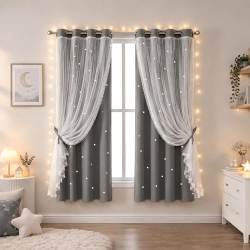 Grey Kids Star Cutout Blackout Curtains for Bedroom 52"W x 72"L 2 Panels - color: Grey, size: 52"W x 72"L (Pack of 2)