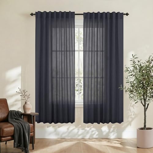 Mrs.Naturall Dark Grey Linen Curtains 63 Inch Length 2 Panel Set, Back Tab Farm House Cottage Light Diffusing Semi Sheer Curtain for Bedroom Living Dining Room Kitchen 63 Inches Long, Charcoal Gray - color: Dark Grey, size: 52"W x 63"L (Pack of 2)