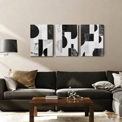 LYYGLYY 3Pcs Framed Black and White Geometric Canvas Wall Art 16x24 Inches - color: Black White Blocks, size: 16x24 Inches
