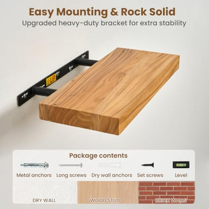 fuqing Floating Shelves for Wall, 16 Inch Rustic Solid Elm Wood Shelves - color: Natural Elm Flat Edge - 6.7"d, size: 16"L - 2Packs