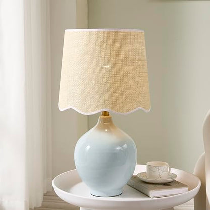 21"H Sky Blue Ceramic Table Lamp with Beige Faux Rattan Drum Shade - color: Sky Blue