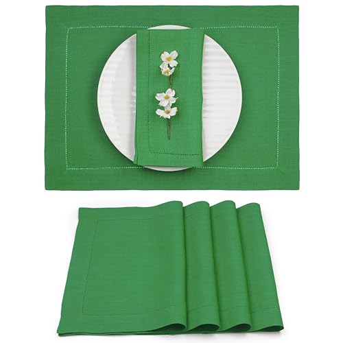D'Moksha Homes Linen Placemats Set of 4 - Classic Hemstitch Kelly Green Placemats 14 x 19 Inch - 100% Pure Linen Table Mats - Handcrafted and Machine Washable - color: Kelly Green, size: Set of 4 (14 X 19 Inch)