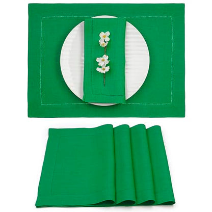 D'Moksha Homes Linen Placemats Set of 4 - Classic Hemstitch Kelly Green Placemats 14 x 19 Inch - 100% Pure Linen Table Mats - Handcrafted and Machine Washable - color: Kelly Green, size: Set of 4 (14 X 19 Inch)