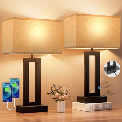 19.6" Touch Lamps for Nightstand, 3 Way Dimmable Bedroom Lamp, USB C+A - color: A. Beige&Black, size: Medium(19.6in)