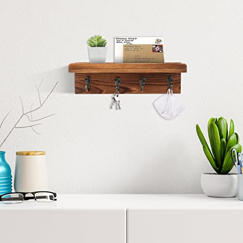 Key Holder Wall Mount, Farmhouse Wall Shelf with 4 Hooks for Entryway - color: Brown - Pine