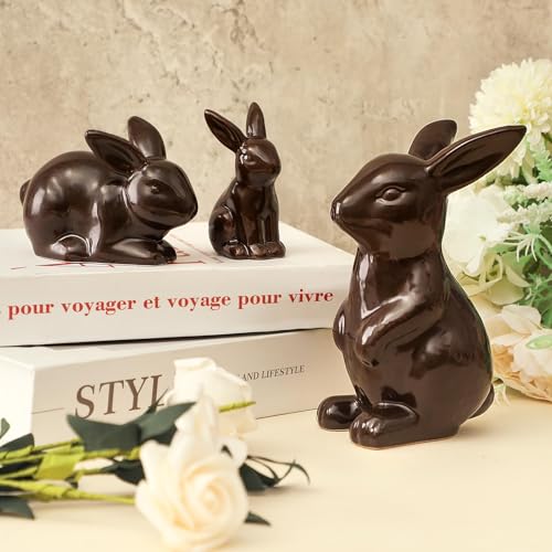 Tuitessine Set of 3 Easter Decorations Chocolate Ceramic Bunny Figurines Spring Home Decor Tiered Tray Desktop Mantle Shelf Table Centerpiece Mantel Display Easter Rabbit Ornaments Ideas
