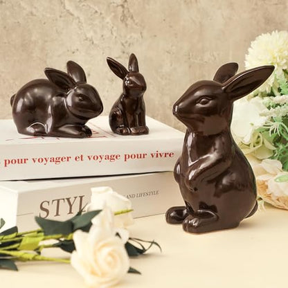 Tuitessine Set of 3 Easter Decorations Chocolate Ceramic Bunny Figurines Spring Home Decor Tiered Tray Desktop Mantle Shelf Table Centerpiece Mantel Display Easter Rabbit Ornaments Ideas