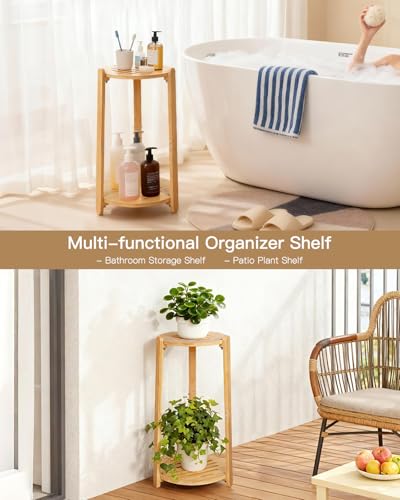 2 Tier Round Bamboo Plant Stands Shelf Indoor Wooden Corner