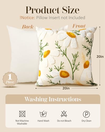 Embroidered Throw Pillow Cover, 20x20 Inch, Daisy - color: Daisy, size: 20" x 20" (Pack of 1)