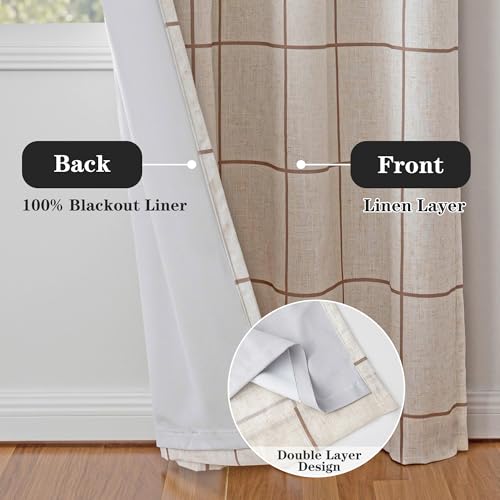 MYSKY HOME 100% Blackout Plaid Farmhouse Linen Curtains 54 Inch Long 2 Panels Set for Small Window Double Layer Windowpane Drapes Thermal Insulated Privacy Protection Rod Pocket Back Tab, 52"W, Brown - color: Brown, size: 52"W x 54"L (Pack of 2)