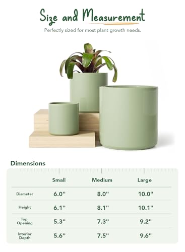 LE TAUCI 10+8+6 Inch Ceramic Pots for Plants, Indoor Planters with Drainage Hole and Plug, Modern Cylinder Flower Pots Set of 3 for Living Room and Kitchen, Glossy, Sage Green - color: Sage Green