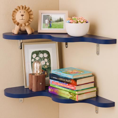 Cute Cloud Corner Shelves - Set of 2 Navy Blue Wooden Floating Corner Shelves Wall Mounted, Space-Saving Nursery Shelves with Brackets, Kids Room Decor for Bedroom,Living Room,Bathroom - color: A-navy Blue Cloud Corner Shelves, size: 2-Tier