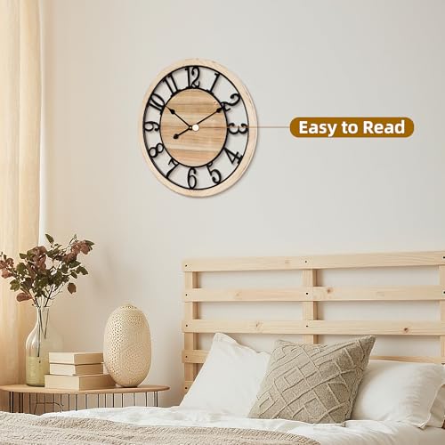 Maxstar 24'' Wall Clock for Living Room Decor, Ultra-Silent Rustic Wooden Farmhouse Wall Clock with Metal & Real Wood Frame, Battery Operated, for Kitchen Bedroom Office, Arabic Numerals