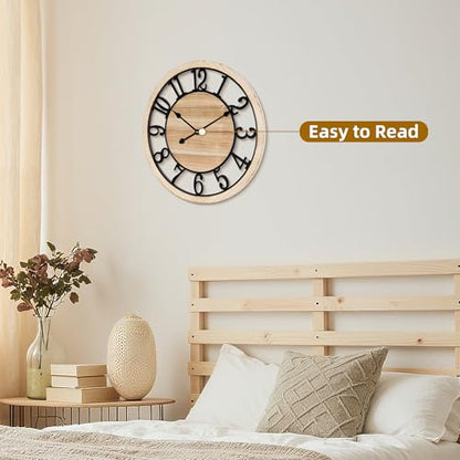 Maxstar 24'' Wall Clock for Living Room Decor, Ultra-Silent Rustic Wooden Farmhouse Wall Clock with Metal & Real Wood Frame, Battery Operated, for Kitchen Bedroom Office, Arabic Numerals