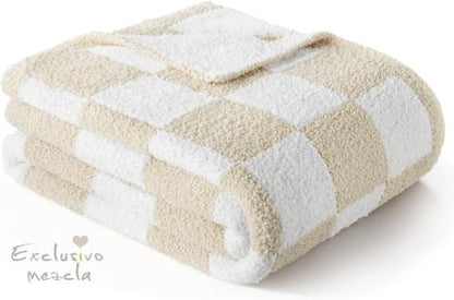 Exclusivo Mezcla Checkered Knit Blanket Twin Size for Bed, Khaki - color: Khaki, size: Twin (60"x80")