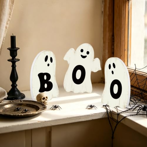3 Pcs Halloween Table Decorations Indoor Halloween Ghost Decorations Wooden Boo Signs Rustic Halloween Table Centerpiece for Home Shelf Mantel Tabletop Windowsill Party