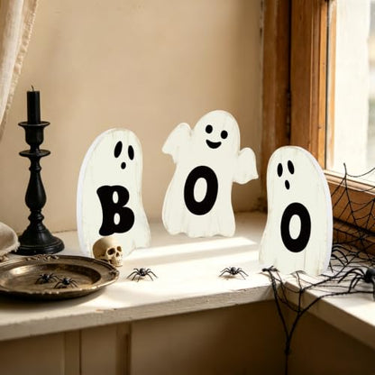 3 Pcs Halloween Table Decorations Indoor Halloween Ghost Decorations Wooden Boo Signs Rustic Halloween Table Centerpiece for Home Shelf Mantel Tabletop Windowsill Party