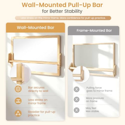 Montessori Mirror with Pull Up Bar, Large 38.2 x 23.6 in Natural Wood & Shatter-Resistant Acrylic Baby Mirror for Tummy Time, Horizontal/Vertical Floor Use, Wall Mounting and Pull-to-Stand - size: 38.2"L x 38.2"W