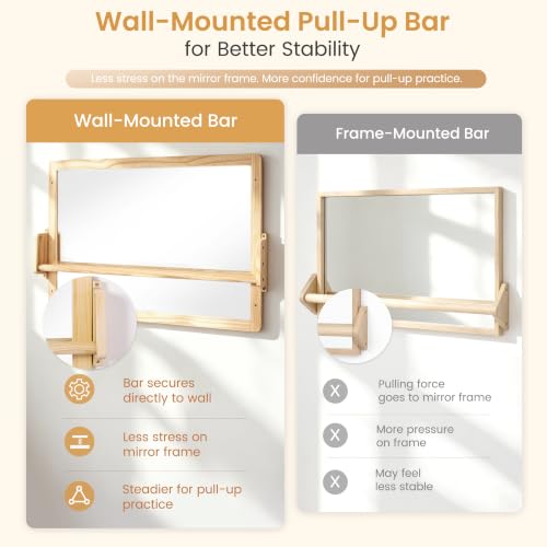 Montessori Mirror with Pull Up Bar, Large 38.2 x 23.6 in Natural Wood & Shatter-Resistant Acrylic Baby Mirror for Tummy Time, Horizontal/Vertical Floor Use, Wall Mounting and Pull-to-Stand - size: 38.2"L x 38.2"W