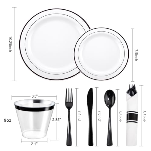 WELLIFE 350Pcs Black Plastic Dinnerware with Pre Rolled Napkins, Include:50 Dinner Plates, 50 Dessert Plates, 50 Paper Napkins, 50 Cups, 150 Plastic Cutlery - color: Black, style: 350PCS（50 Guests）