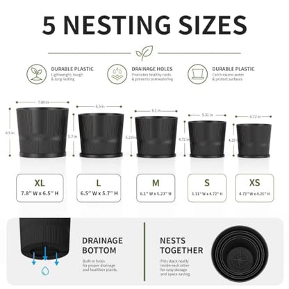 5 Plant Pots Indoor,4.8+5.5+6+6.5+7 In Flower Pots with Saucers & Drainage - color: Black, size: 4.8''+5.5''+6''+6.5''+7''