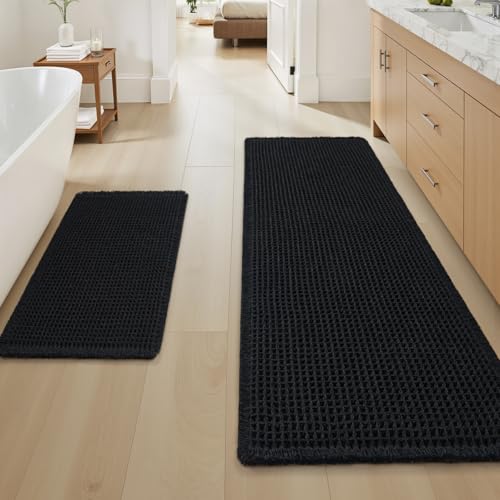Upgraded Waffle Bath Mat Set of 2 Absorbent Bathroom Mat 18"x30" + 24"x48" - color: Black, size: 18" x 30" + 24" x 48"