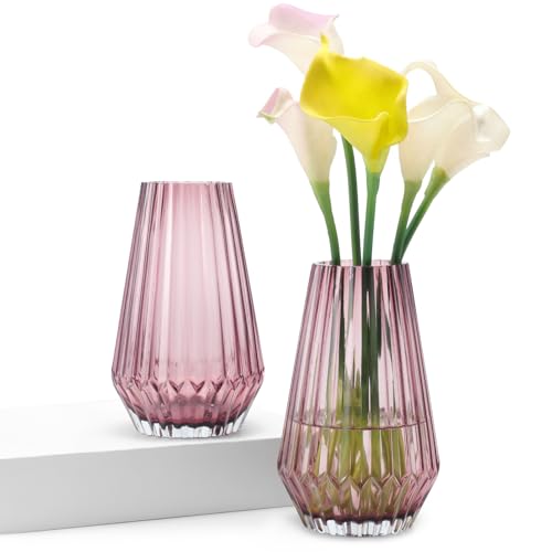 2PACK Glass Flower Vases(Flowers NOT Included),High Diamond Pattern Vases,Large Vases for Flowers,Vintage Vases for Centrepieces,Wedding Decorations,Home Table Flower Decorations - color: Wine Red