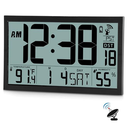 SZELAM Atomic Clock,16.7" Large Display Digital Wall Clock Battery Operated,Digital Calendar Auto Setting Desk Clocks with Indoor Temperature, Humidity,Date,Day,Auto DST for Elderly Bedroom Classroom - color: 16.7" Atomic