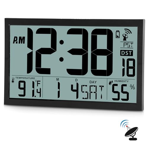 SZELAM Atomic Clock,16.7" Large Display Digital Wall Clock Battery Operated,Digital Calendar Auto Setting Desk Clocks with Indoor Temperature, Humidity,Date,Day,Auto DST for Elderly Bedroom Classroom - color: 16.7" Atomic