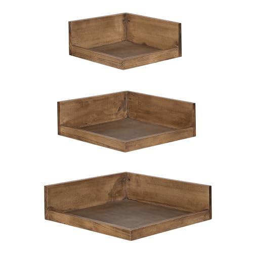 Kate and Laurel Levie Corner Shelf, Set of 3, Rustic Natural, Modern Farmhouse-Inspired Wood Shelf