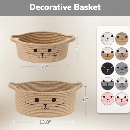 Small Woven Rope Cat Toy Basket with Cat Face Design, White Grey - color: White & Grey, size: 9.8"W x 4"H