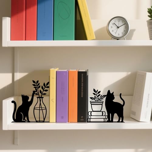 Metal Bookends Cat and Vase Book Ends for Shelves - color: Black - 1 Pair Cat & Vase
