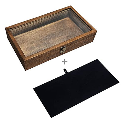 MOOCA Wood Jewelry Display Case with Tempered Glass Top, Velvet Pad - color: 9A) Brown, 2.75 Inch High