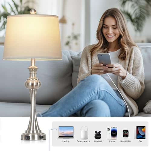 Cinyirong 28.75" Silver Table Lamps for Living Room,Touch Lamps for Bedrooms Set of 2 - Nightstand Table Lamp with USB C+A, 3 Way Dimmable Bedside Lamps End Tables Brushed Nickel - color: Silver table lamp