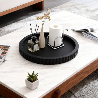 Black Round Wood Tray, 11 in Fluted Vanity Tray - color: Black