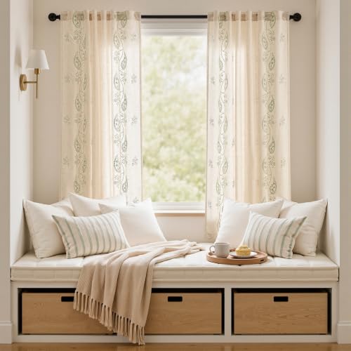 jinchan Linen Curtains 63 Inch Sage Floral Drapes Back Tab 2 Panels Set - color: Sage on Beige, size: 50"W x 63"L (Pack of 2)