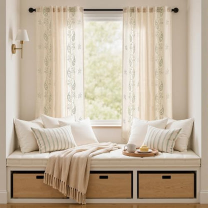 jinchan Linen Curtains 63 Inch Sage Floral Drapes Back Tab 2 Panels Set - color: Sage on Beige, size: 50"W x 63"L (Pack of 2)